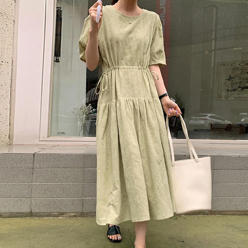 

Kimotimo Dresses for Woman Korean Chic Summer Simple Gentle Round Neck Pattern Design Drawstring Waist Puff Sleeve Vestidos 2021