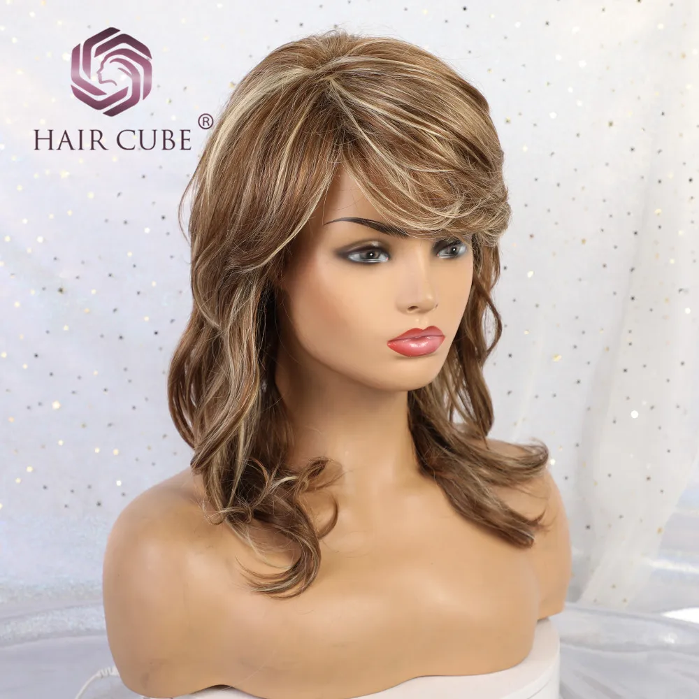 Haircube половина парики с челкой Лолита Длинные волны человеческих волос смесь синтетический парик Пастель коричневый блондин