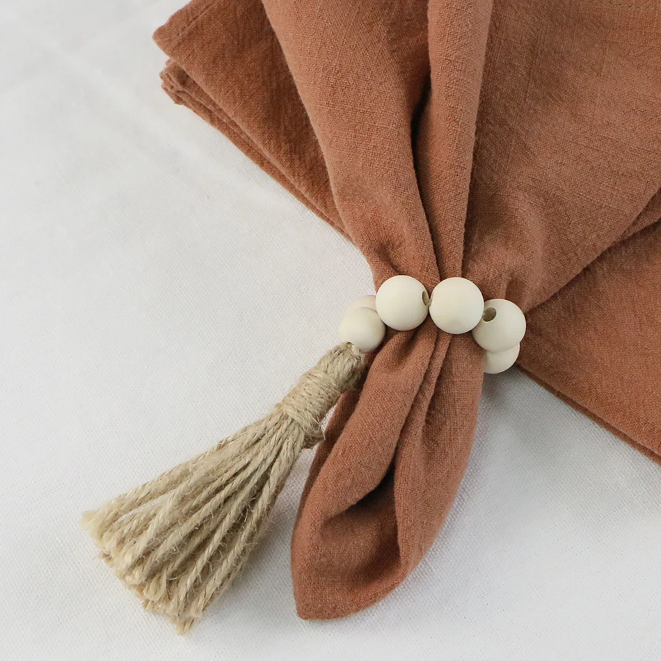 6pcs wood bead napkin ringsgarland with tassels farmhouse beads rustic country table napkin holder holiday weddings home decor free global shipping