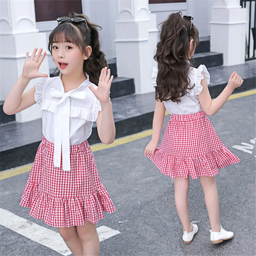 

Girls Outfits pink plaid Pleated Dress Two Pieces Set Clothes Children Skirt Suit short petal sleeve tops Baby Girls Cloth Set