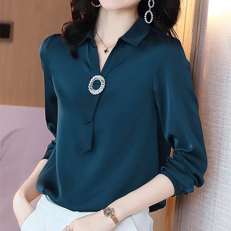 

Korean Silk Shirts Women Long Sleeve Shirts Woman Satin Blouse Tops Women Fake Tie Silk Top Blusas Mujer De Moda 2020 Verano