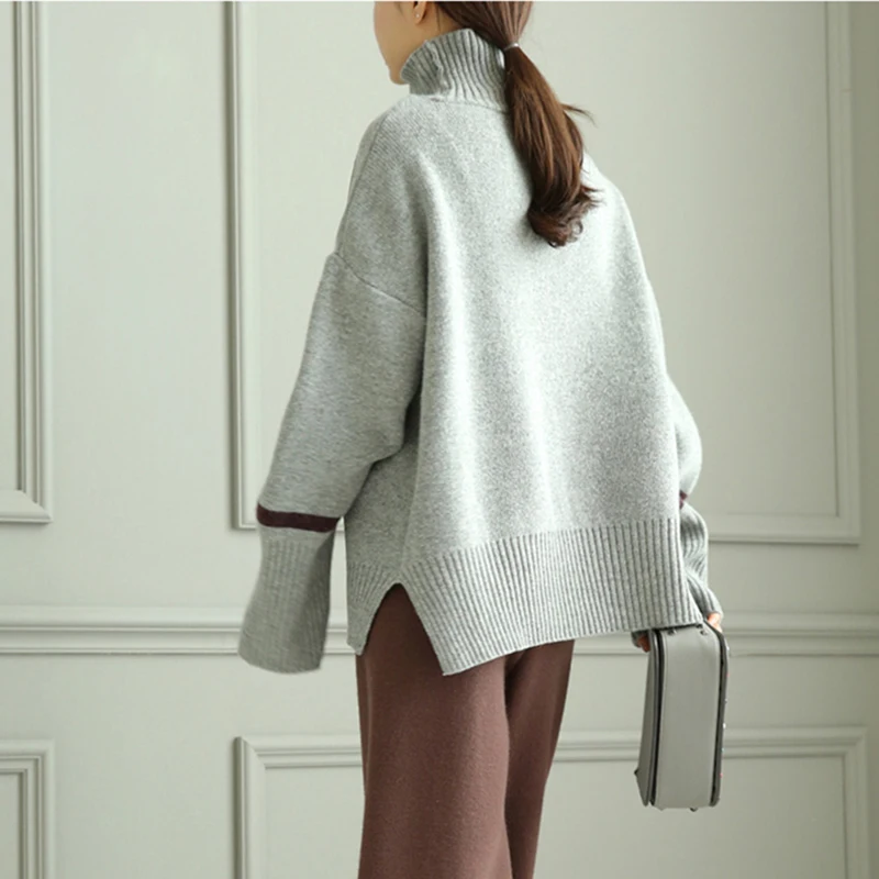 Winter Cashmere Knitted Sweater Female Long Sleeve Split Striped Loose Warm Turtleneck Women Pullovers Plus Size Korean Jumper | Женская