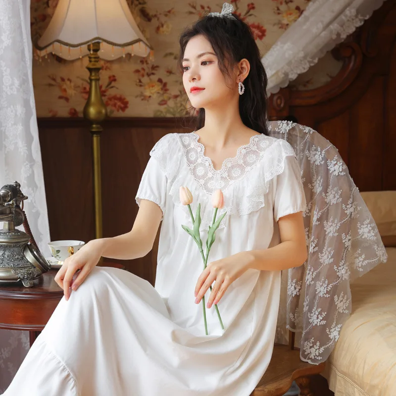 

Summer Short Sleeve Cotton Nightdress White Lace Nightgowns Palace Princess Retro Long NightWear Sleepwear Loose Sleepdress