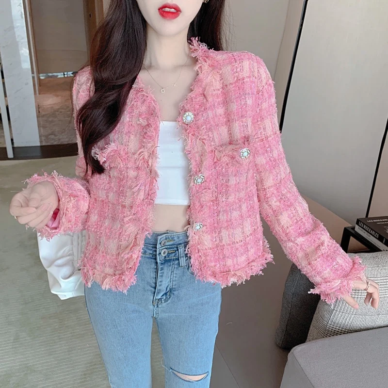 

2021 Runway Fall Winter Short Coat For Women's Casual O Neck Long Sleeve Tweed Tassel Jacket Female Fashion Outwear Top