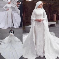 luxury muslim wedding dresses with detachable train high neck appliqued vintage wedding dress custom long sleeve bridal gowns