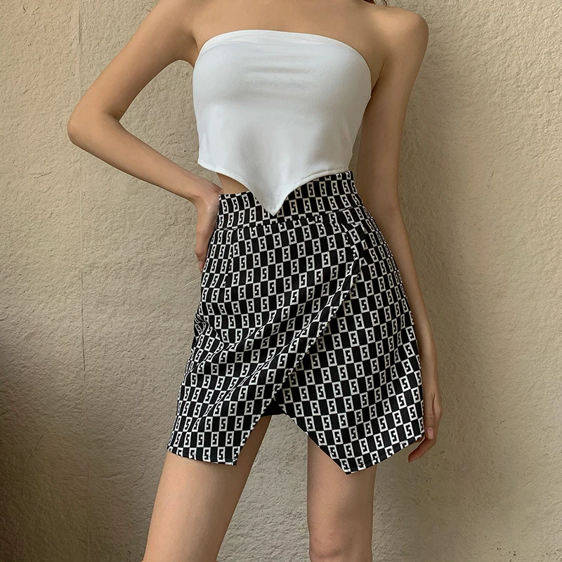 

Korean Fashion Letter Printing Bag Hip Short Skirt Female 2021 Summer New High Waist All-Match Thin Skirt Irregular Split Skirt