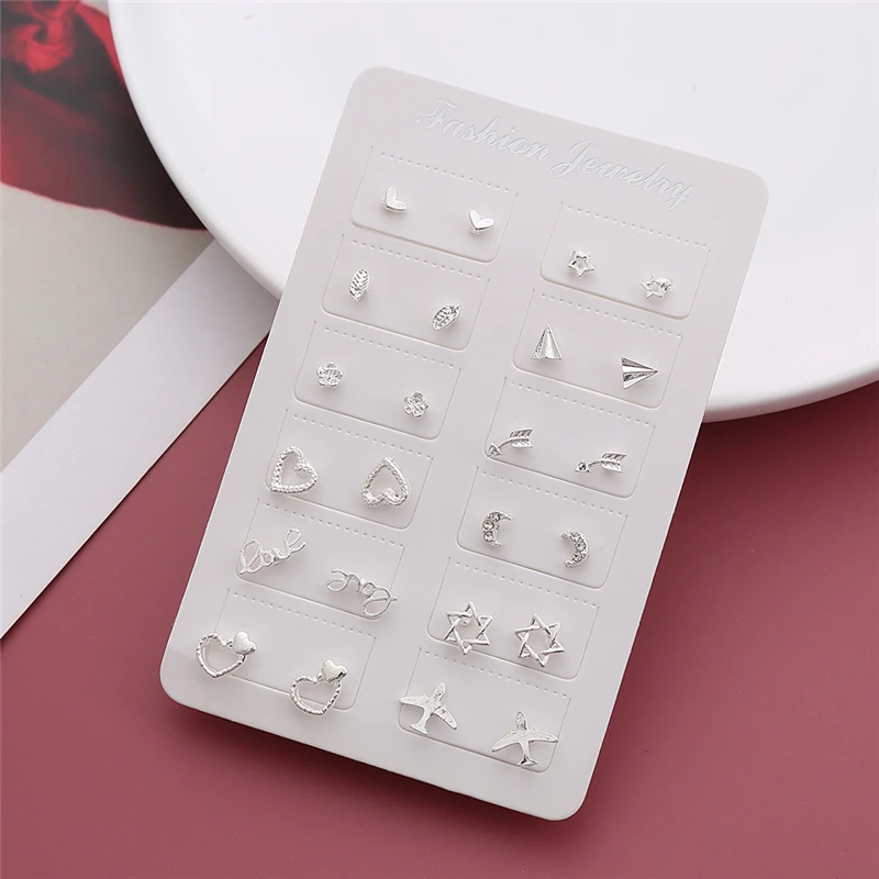 

HTZZY 12 Pairs/set Silver-plated Earrings for Women 2021 New Fashion Heart Moon Stars Geometry Cute Stud Earrings Jewelry