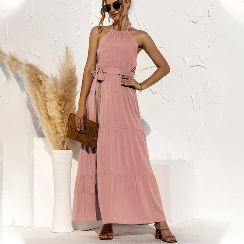 

Summer Women Solid Halter Sleeveless Bohemian Dress 2021 New Casual Vintage A Line Ruffles Dress Ladies Party Long Vestidos