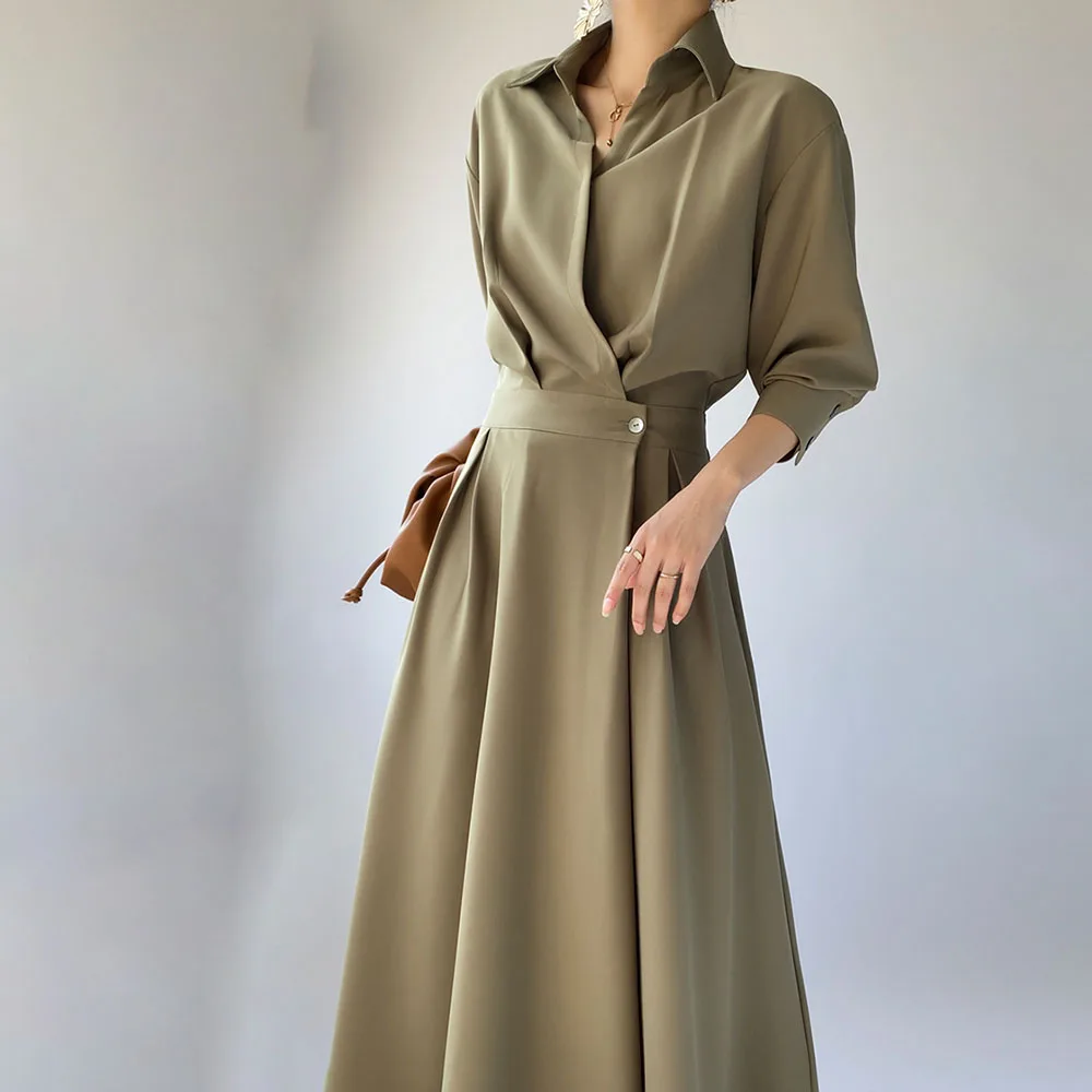 

Autumn Women's Dresses Fashion French Long-sleeved A-Line Turndown Collar New Temperament Slim Long Dress High-end