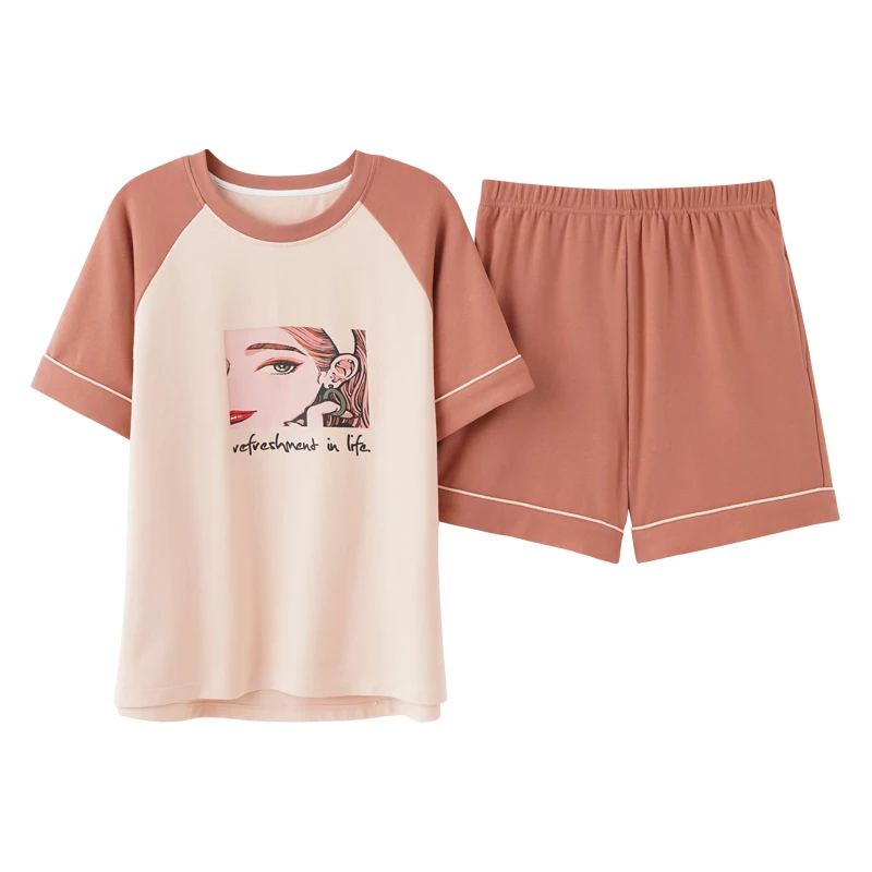 

Cute Beautiful Girls Print Couple Pajamas Set Summer Cotton Couple Homewear Fashion Patchwork Short Sleeve Men Women Sleepwear