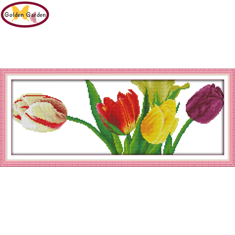 

GG Gorgeous Tulips Joy Sunday Cross Stitch Kit DIY Needle Handicraft 14CT Stamped Counted Cross Stitch Pattern for Home Decor