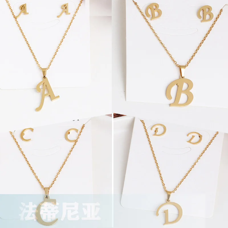 

2021 New Exquisite Pendant 26 English Letter Necklace Earring Set Fashion Jewelry Does Not Fade Gothic Jewelry