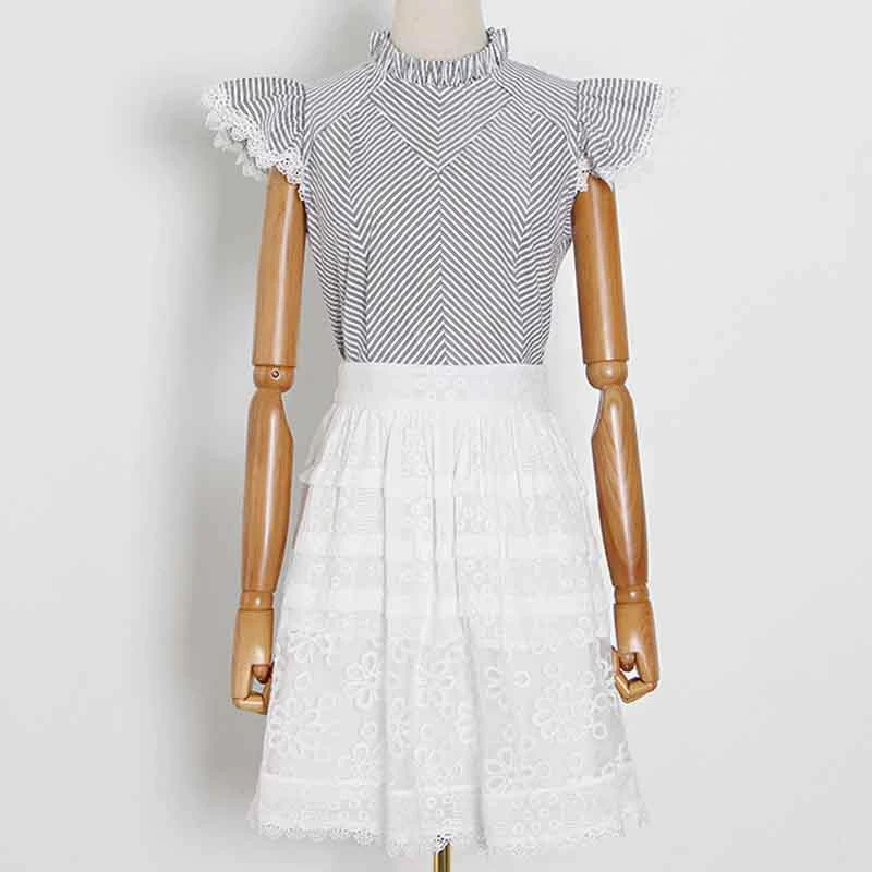 

SeeBeautiful Striped Stand Collar Shirt Lace Stitching Half-body Skirt Two Pieces New Fashion 2020 Summer Autumn Women T826