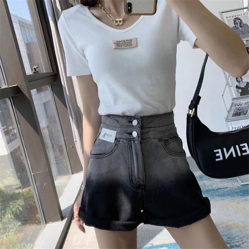 

Fashion Pink Gradient Color Women's Short Jeans High Waist Denim Shorts Pants Wide Leg Pants Female Streetwear Oversize Summer