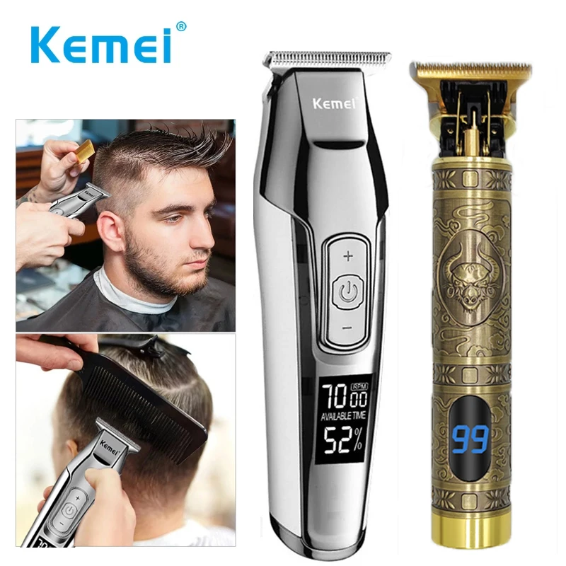 Kemei-máquina de Cortar Cabelo Barbeador Elétrica Recarregável Masculino Aparador Profissional Lcd