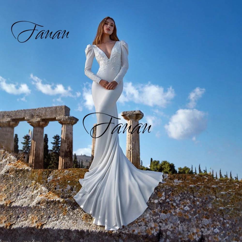 

Элегантное свадебное платье-Русалка с глубоким V-образным вырезом и длинным рукавом, женское свадебное платье с открытой спиной, vestido de noiva п...
