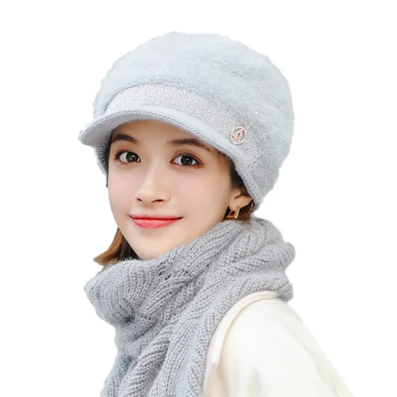 

Women's knitted hat autumn and winter plus velvet thickened ear protection warm duck tongue cold hat rabbit fur beanie