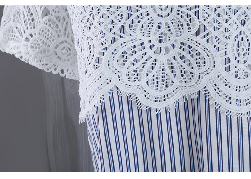 

[EAM] Women Blue Lace Spliced Striped Blouse New Lapel Short Sleeve Loose Fit Shirt Fashion Tide Spring Summer 2021 1DD6996