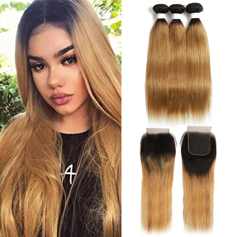 

Ombre Blonde Bundles With Closure 4x4 SOKU Brazilian Straight Hair Weave Bundles With Lace Closure Non-Remy Human Hair Extension