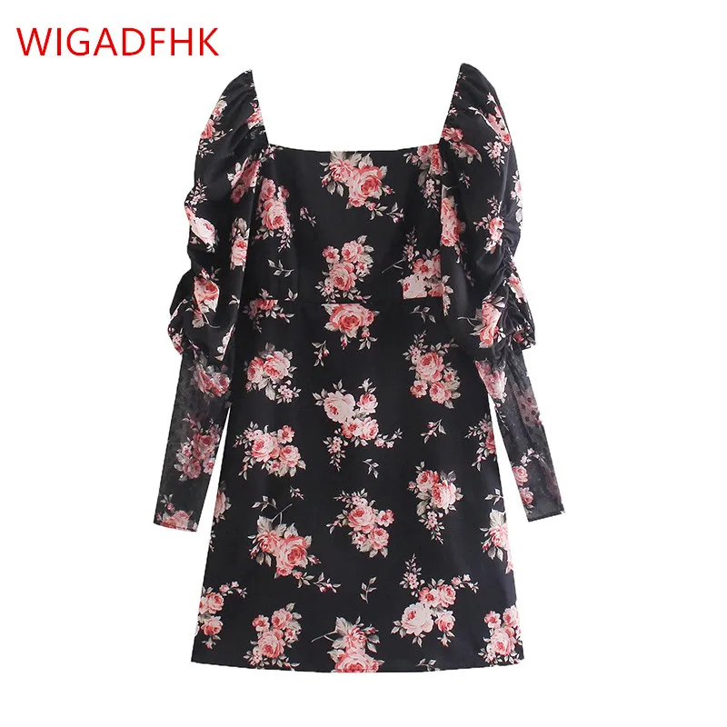 

Женское винтажное мини-платье с цветочным принтом, квадратным вырезом и рукавами-фонариками