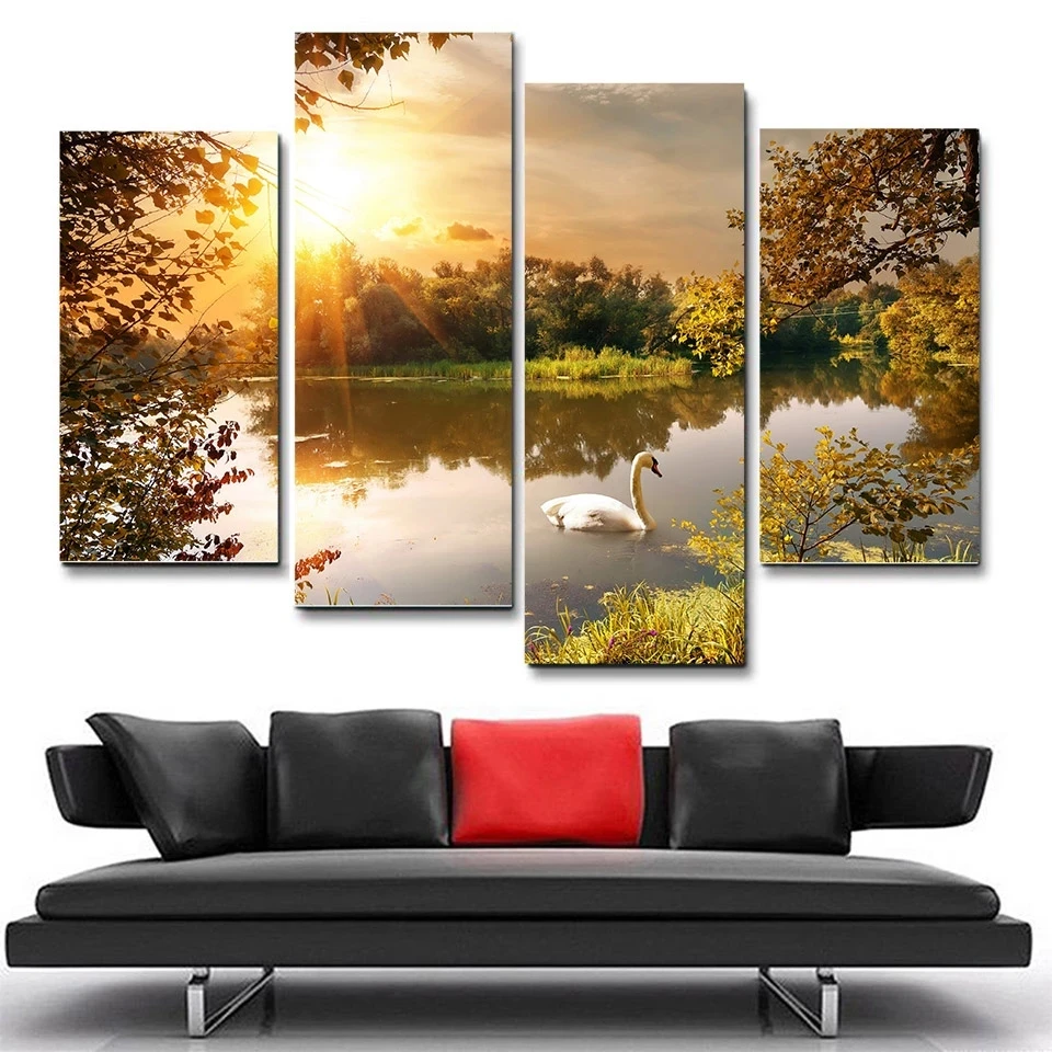 

4 Pieces Ocean Park Swan Modular Pictures Wall Art Abstract Decorative for Living Room Bedroom Home Canvas Painting No Frame