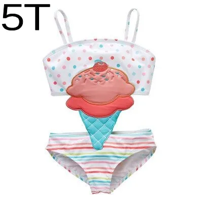 ice cream 5T Детский купальник для девочек, Цельный купальник в горошек с рисунком мороженого, цветная одежда для купания в полоску пляжная одежда золотой купальник в горошину с лебедем - Цвет: ice cream 5T