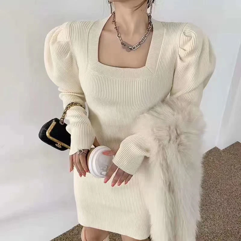 

2020 winter square collar simple solid striped knitted dress elegant termperament sheath slim basic thicken dress winter dress