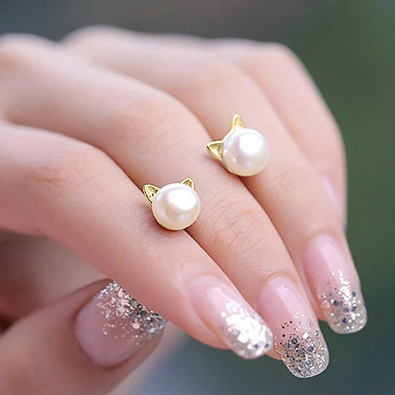 

Fanqieliu Cute Cat Natural Freshwater Pearl Earrings Gold Full 100% Real 925 Sterling Silver Stud Earrings For Women FQL20202