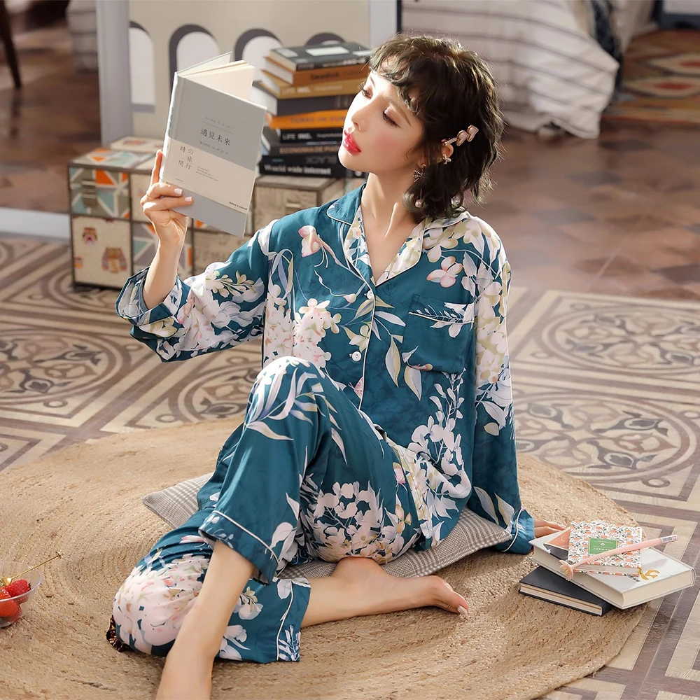 Женские пижамы с длинным рукавом весенне-осенние хлопковые тонкие длинные штаны