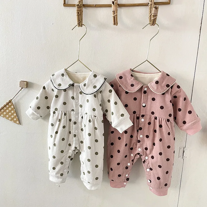 

MILANCEL 2021 Winter Girls Clothes Polka Dot Boys Rompers Thicekn Lining Toddler Jumpsuits Infant Corduroy Clothes