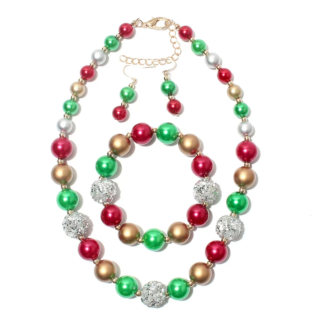 

New Christmas Necklace Bracelet Child Girl Imitation Pearl Red Green Jewelry Set Party New Year Gift