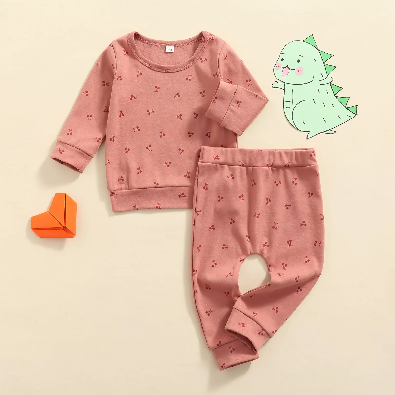 

Спортивный костюм из 2 предметов, Повседневная футболка с длинным рукавом и круглым вырезом, с принтом вишни, топ и брюки, пижамный комплект, ...