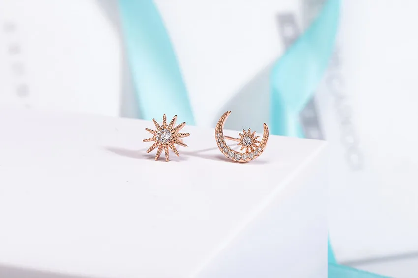 Настоящее золото 14k серьги корейские асимметричные в форме Луны женские Orecchini