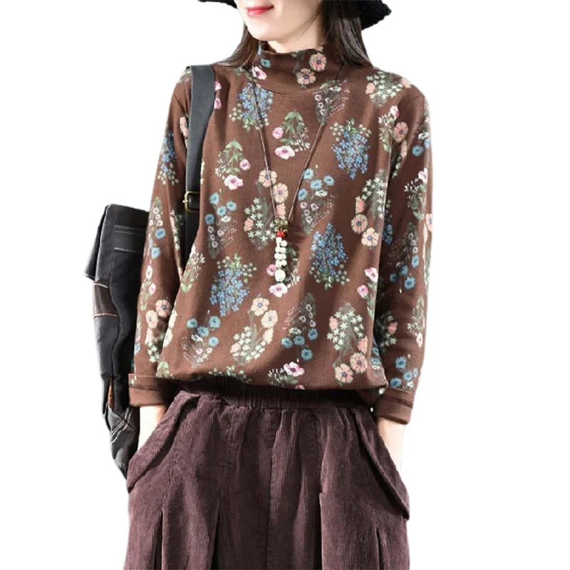 

Women Ladies Floral Printed Long Sleeve Mock Neck Loose Autumn T-Shirt Plus Size
