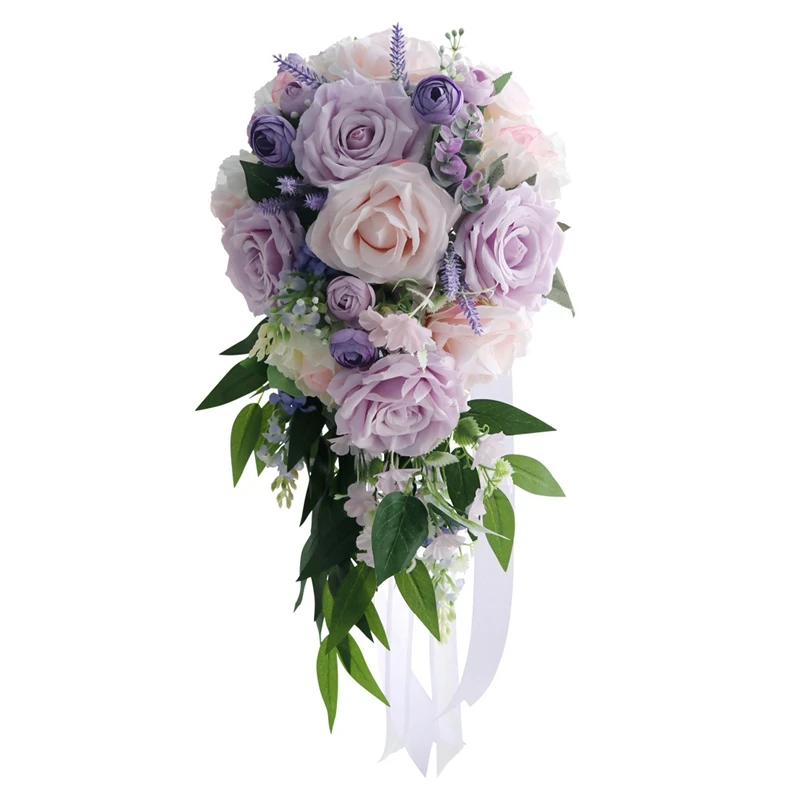 

Cascading Wedding Bridal Bouquet, Wedding Holding Bouquet With Artificial Roses Flowers Long Ribbon, Perfect For Church