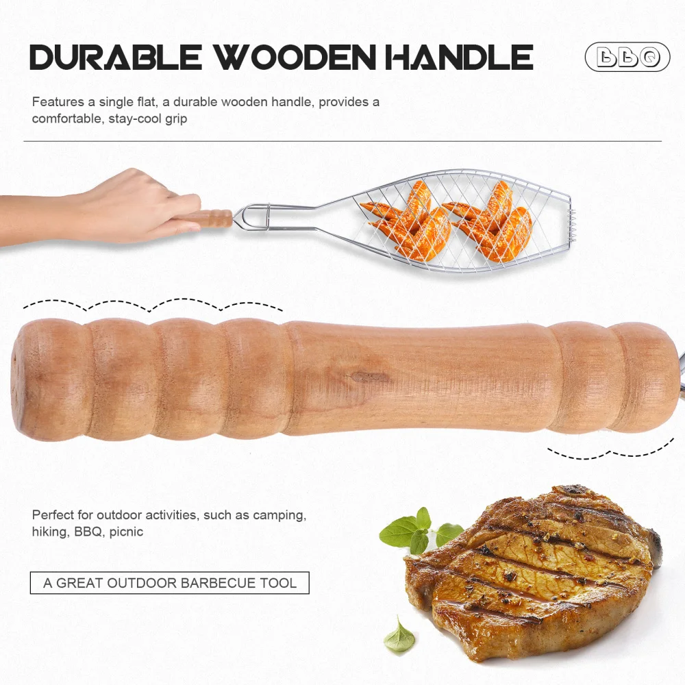 2 Pcs Metal Non-stick Mesh Clip Wooden Handle Grilled Fish Barbecue BBQ Net Outdoor Tool for Camping Picnic (Handl | Дом и сад