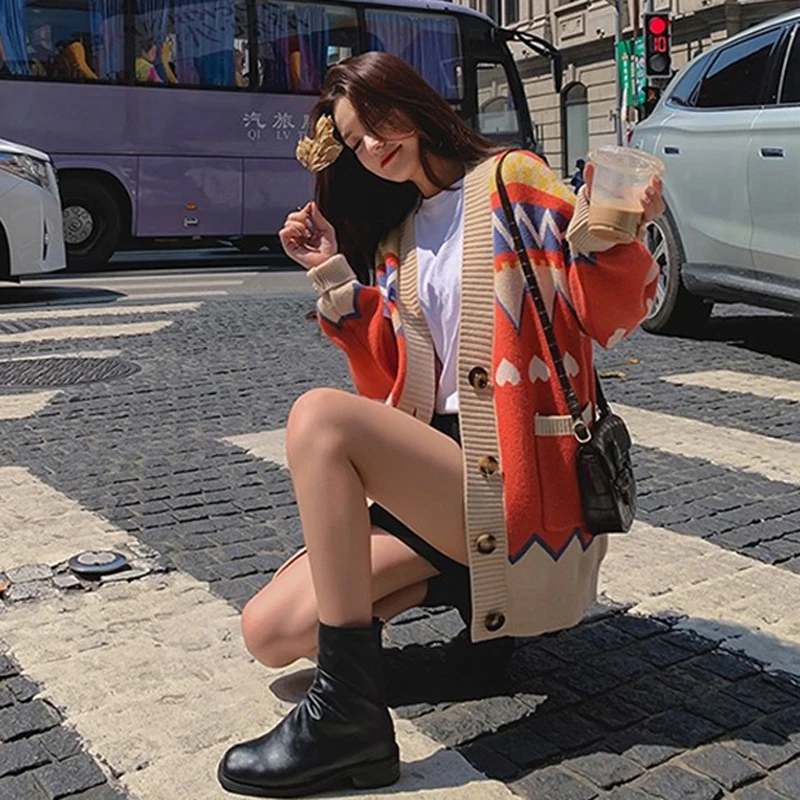 Элегантные женские свитера с разноцветным узором Осень-зима 2019 однобортные