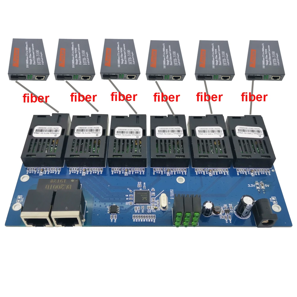 Волоконно оптический медиа конвертер 6F2E 10/100 м 25 км один режим 2 * RJ45 и 6 портов SC Fiber