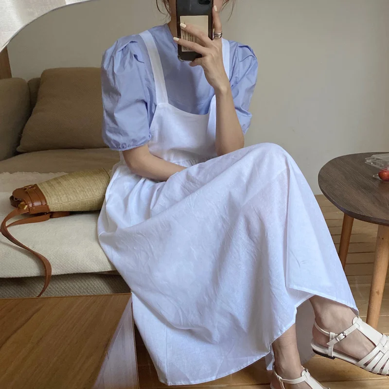 Summer Reduction Soft Blue Round Neck Loose Puff Sleeve Shirt Back Big Swing Strap Dress | Женская одежда