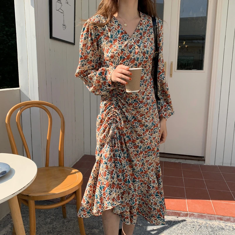 

HziriP 2021 New Spring Autumn Women Dresses Floral V-Collar Vintage High Waist Elegant Sweet Female Office Lady Fishtail Dress