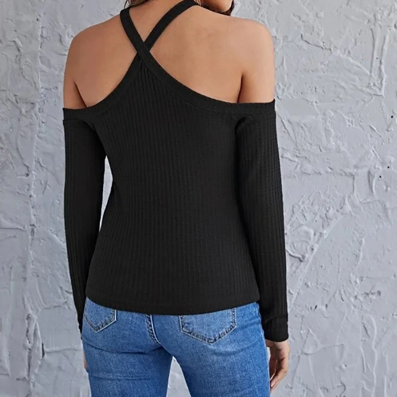 

2021 New Clavicle T-shirt Women Long-sleeved Cross Hanging Neck Bottoming Shirt Pullover Solid Color Strapless Sexy T-shirt Top