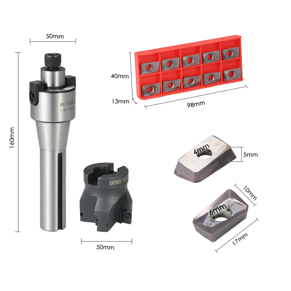 2" R8-FMB22 Shank Face Shell Mill Arbor + 400R 50MM CNC End Milling Cutter 10pcs/box APMT1604 Carbide Inserts T15 Wrench | Инструменты
