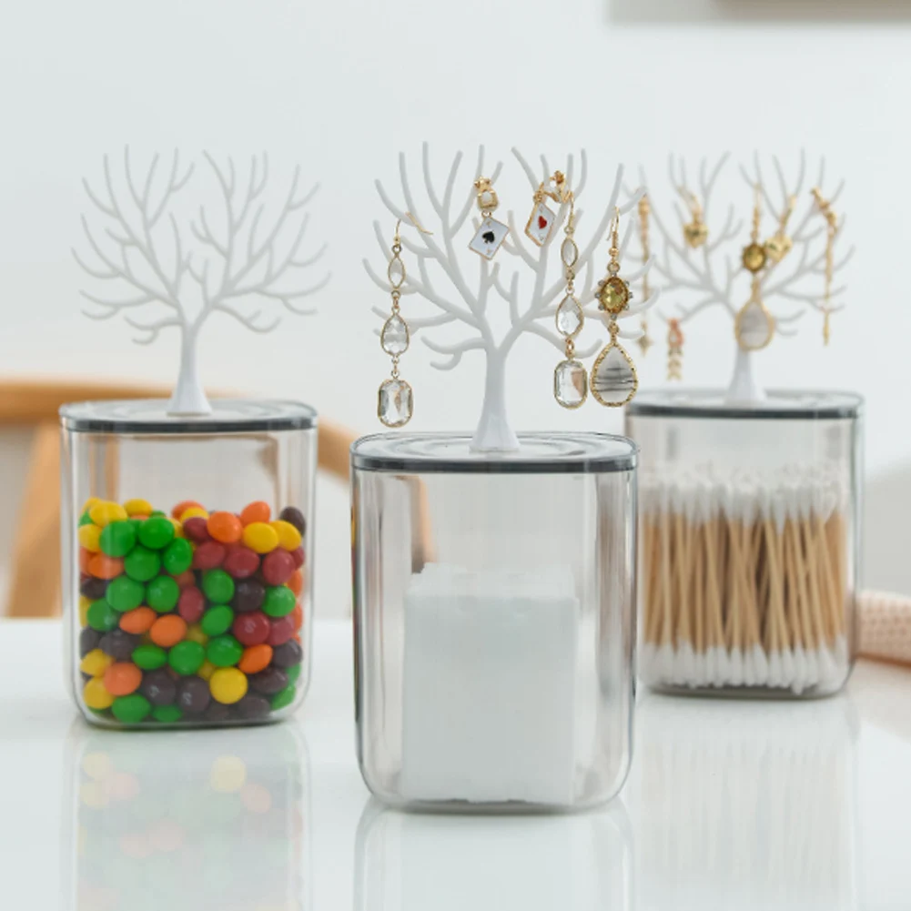 

Desktop Cotton Swab Storage Box With Small Tree Rack Transparent Cotton Swab Box Storage Organizer Jar Canister Home Storage