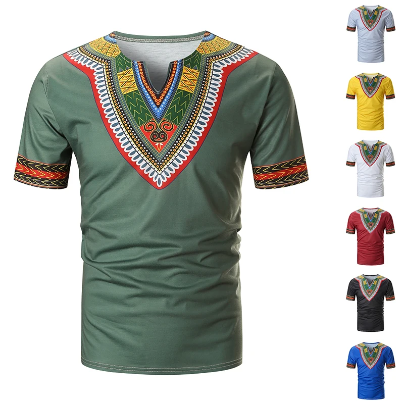 2021 New Arrived Folk-custom T-shirts Men Summer Casual African Print V Neck Pullover Short Sleeve T-shirt Top Blouse camiseta