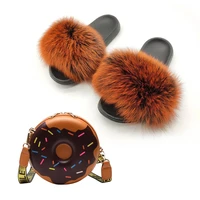womens outside furry fox fur slippers sweet donut purse sets fluffy slides shoes female round crossbody bags home flip flop