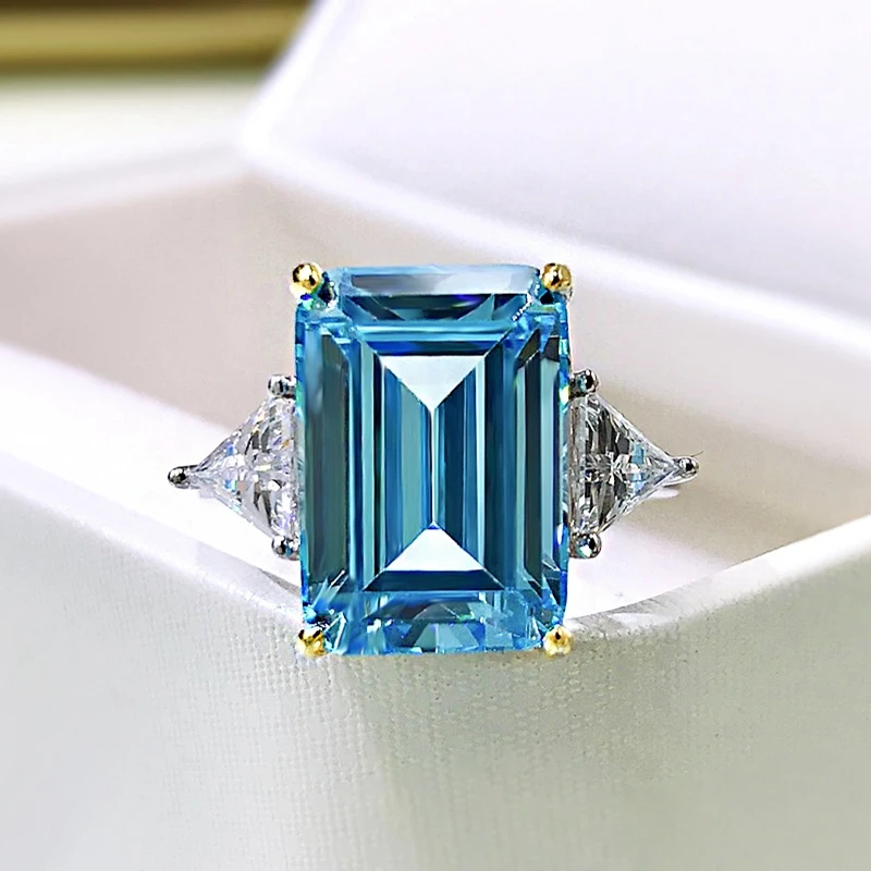 

Fashion 100% 925 Sterling Silver Emerald Cut 10*14 MM Aquamarine Created Moissanite Engagement Ring For Women Fine Jewelry Gifts