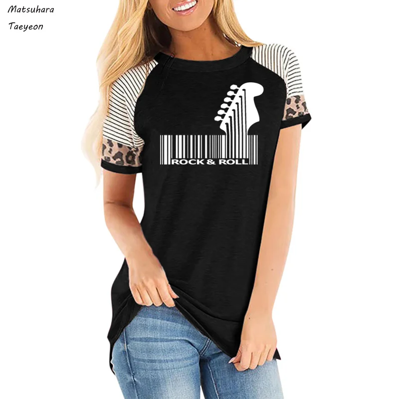 

Rock Guitar Printing Women Cotton Stripe Casual T-shirt Music pattern Tees Short Sleeve O-neck Women's Rock Roll Clothing Tops