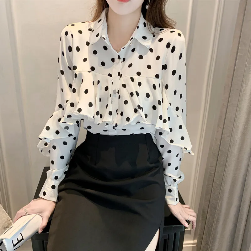 

Chikichi 2021 Spring and Autumn New Style Korean Fashion Elegant Lapel All-match Polka Dot Chiffon Long-sleeved Blouse Women