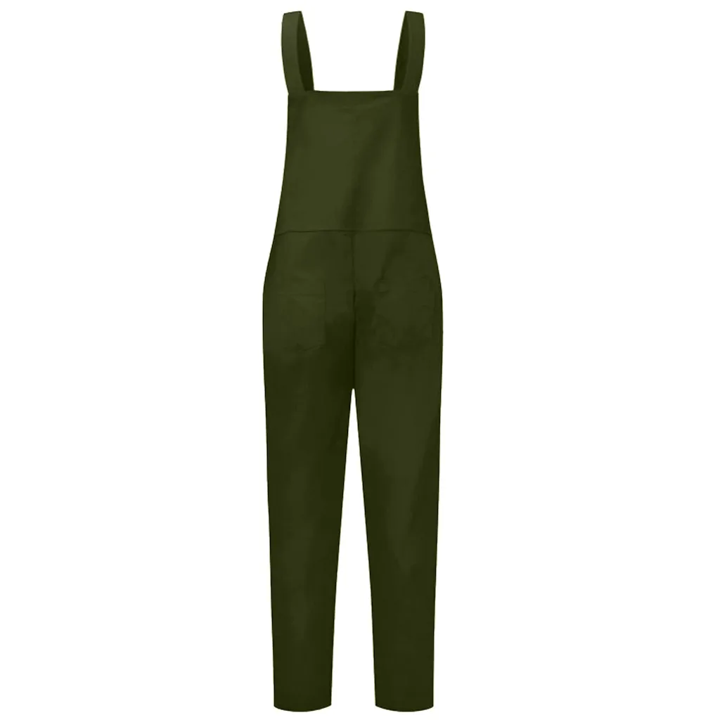 Women Jumpsuit 2020 Cotton Hemp Long Trousers Pocket Button Strappy Bodysuit Casual Backless Wide Leg Overall Romper #73 | Женская