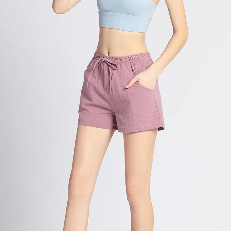 

Модные женские велосипедные шорты для бега и спортзала с карманами, летние хлопковые льняные спортивные брюки свободного кроя с Кулиской